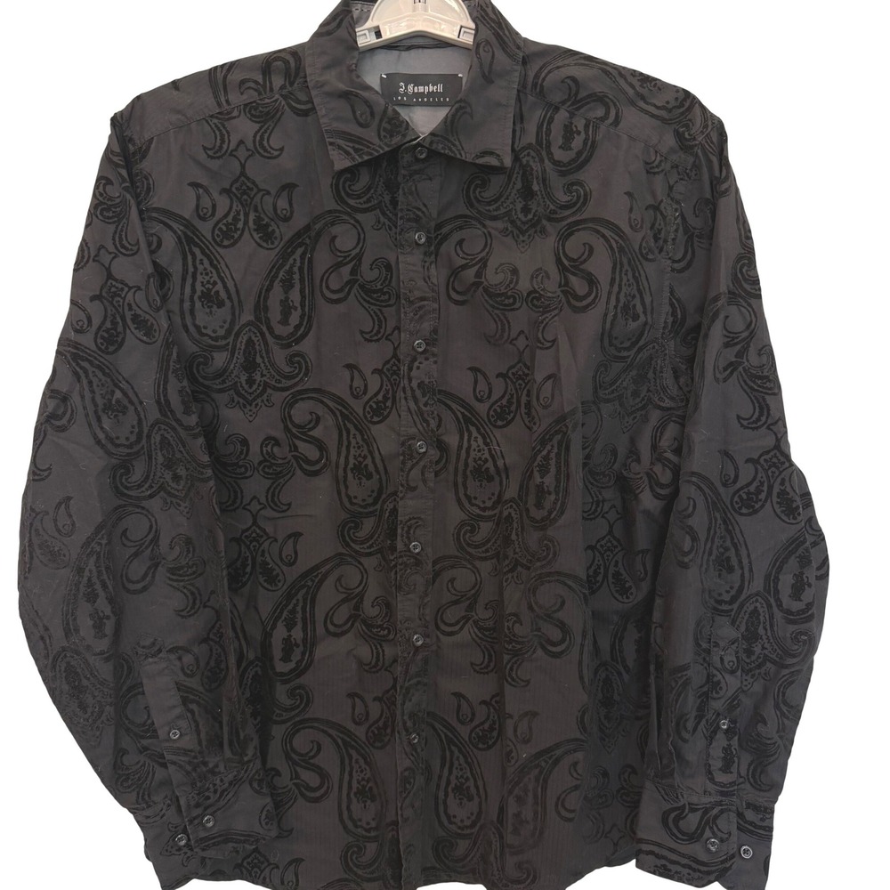 J. Campbell Los Angeles Mens XL Black Velvet Paisley Flocked Button Down Shirt